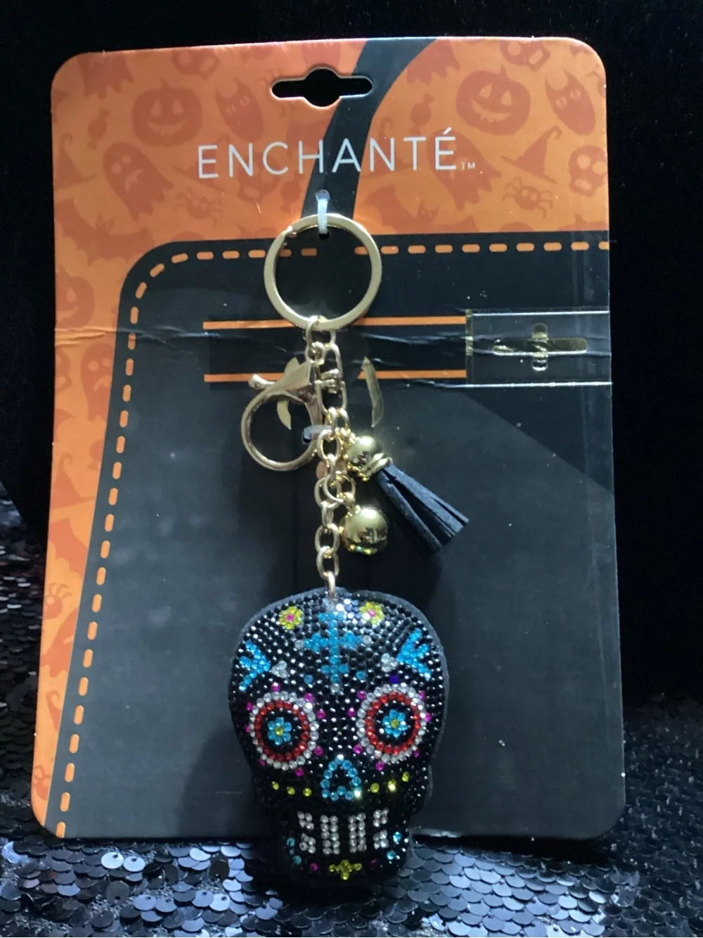 Crystal Sugar Skull Key Charm Card Holder - Black with Multicolor Accents